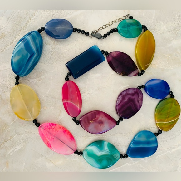 Vintage Jewelry - Chunky Multicolor Polished Orca Quartz Agate Bead Silver Necklace